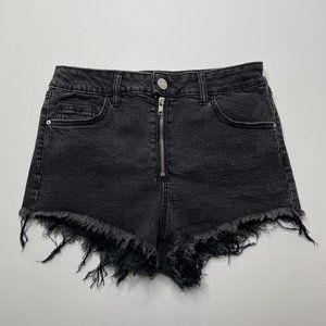 High Waist Black Stone Wash Raw Hem Shorts